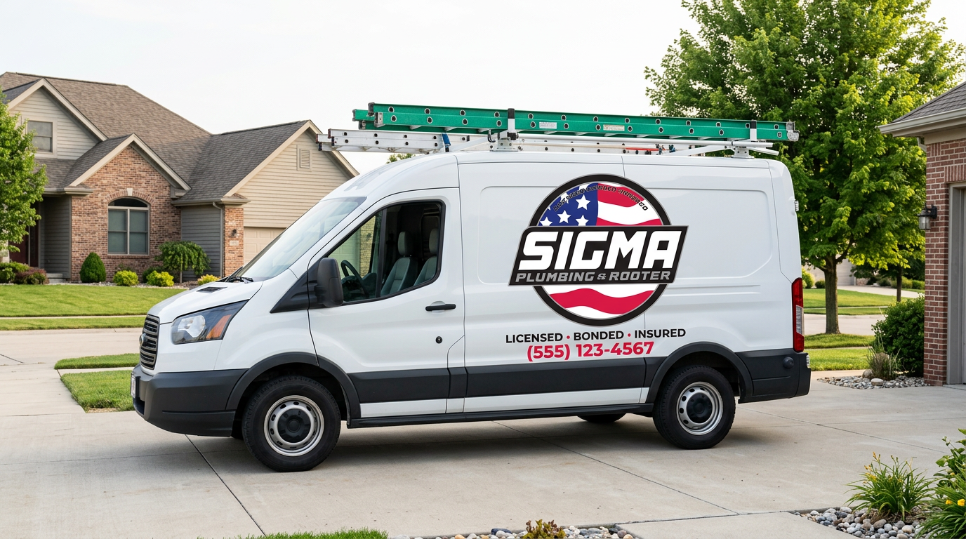 Sigma Plumbing service van parked outside a home with mature trees